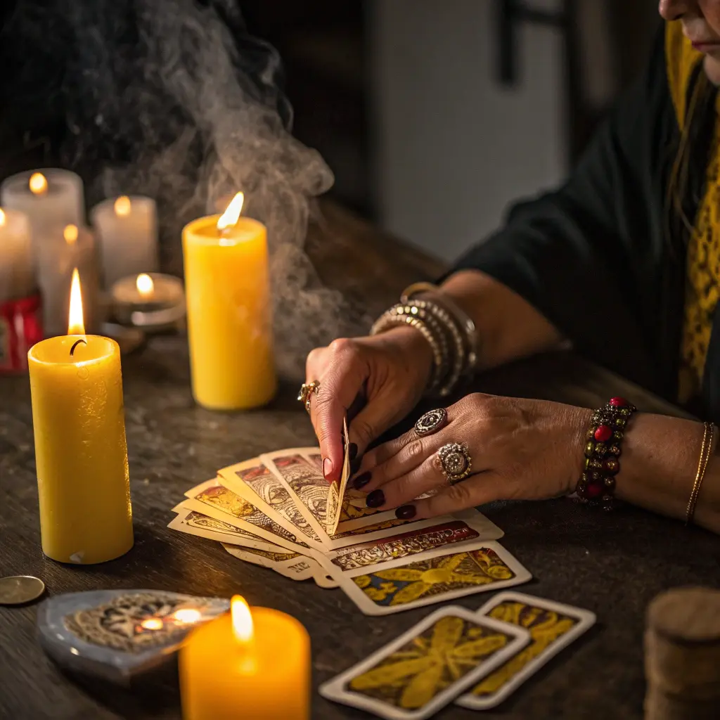 Обряд гадания на Таро — гадалка проводит эзотерический ритуал при свечах